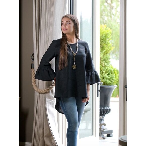 Crown linen designs Lagenlook Black Bella Bell Sleeve Top 100% European linen Tu - Picture 1 of 7